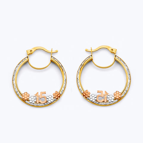 14K Tri Color Gold 25mm CZ 15 Years Flower Hoop Earrings