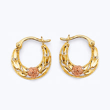 Load image into Gallery viewer, 14K Tri Color Gold 15mm Flower Hoop Earrings