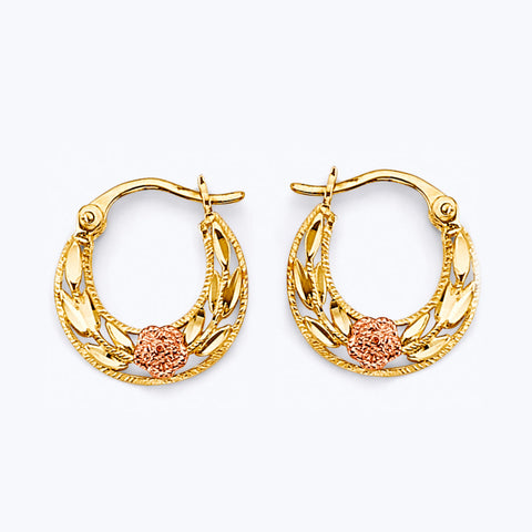 14K Tri Color Gold 15mm Flower Hoop Earrings