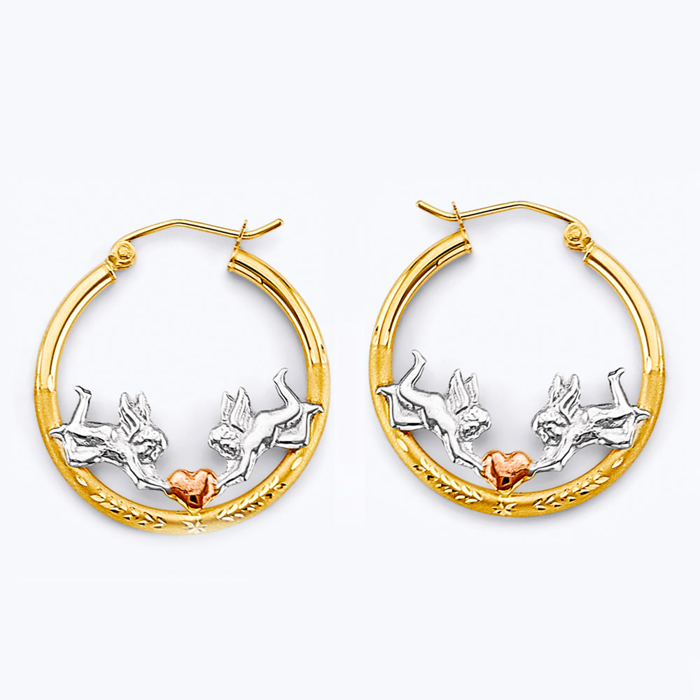 14K Tri Color Gold Angel And Heart Hoop Earrings – Silverdepot