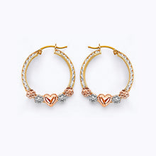 Load image into Gallery viewer, 14K Tri Color Gold 22mm CZ Flower And Heart Hoop Earrings