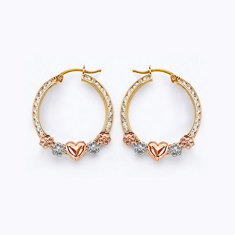 14K Tri Color Gold 22mm CZ Flower And Heart Hoop Earrings