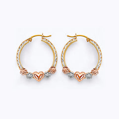14K Tri Color Gold 22mm CZ Flower And Heart Hoop Earrings