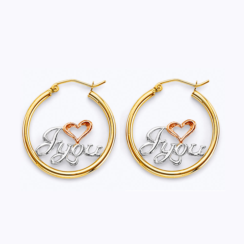 14K Tri Color Gold I Love You Hoop Earrings