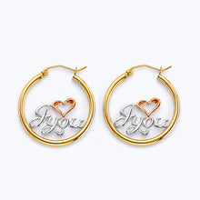 Load image into Gallery viewer, 14K Tri Color Gold I Love You Hoop Earrings