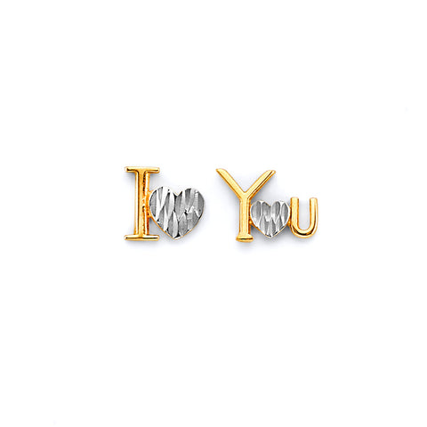 14K Two Tone Gold I Love You Push Back Earrings