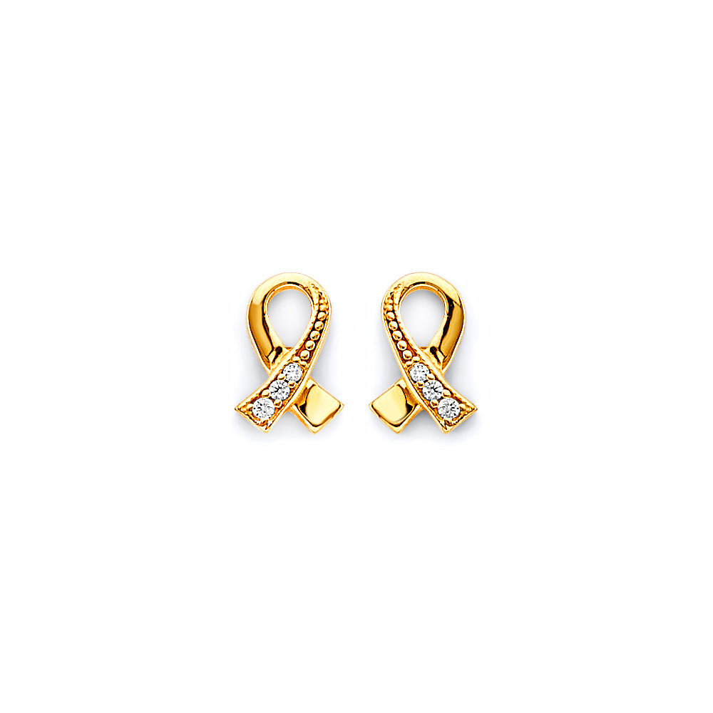 14K Yellow Gold CZ Cancer Ribbon Push Back Earrings