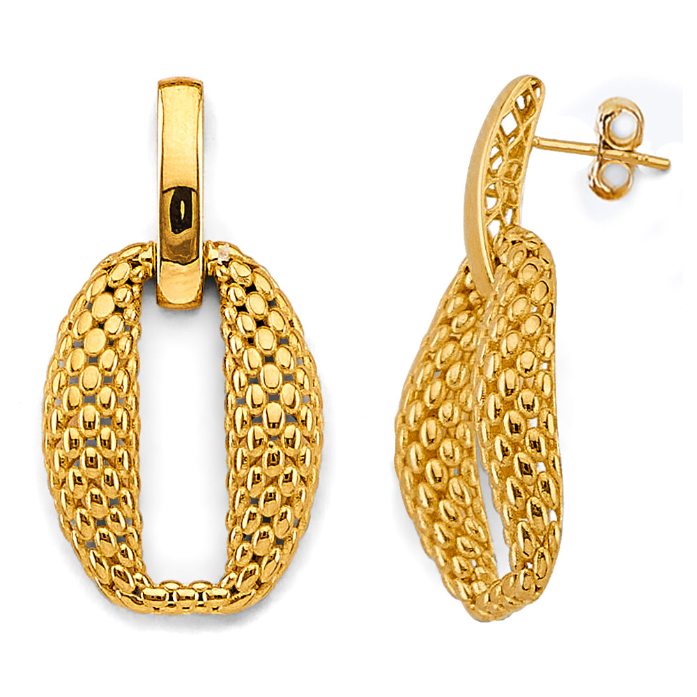 14K Yellow Gold Hollow Mesh Oval Design Earrings