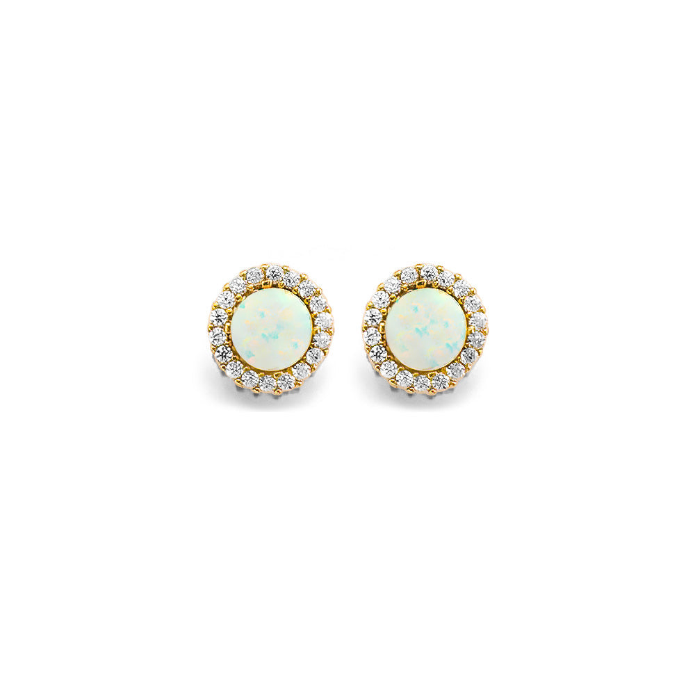 14K Yellow Gold Round CZ Opal Earrings Or Set