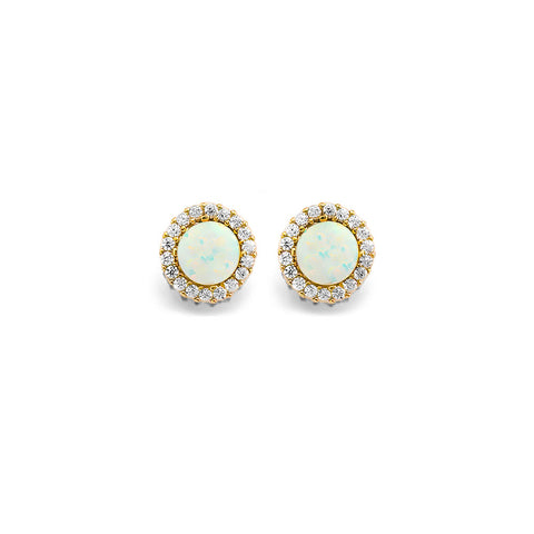 14K Yellow Gold Round CZ Opal Earrings Or Set