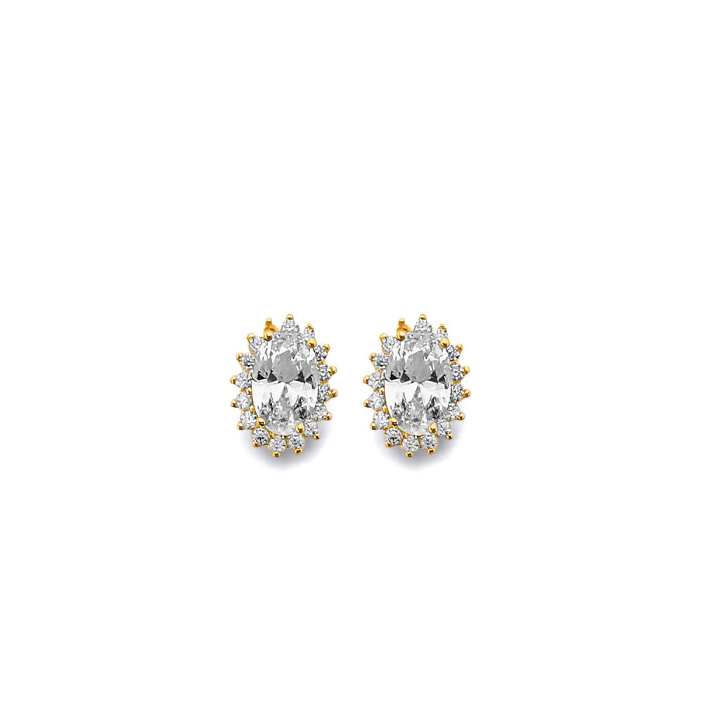 14K Yellow Gold CZ Oval April Birth Stone Earrings