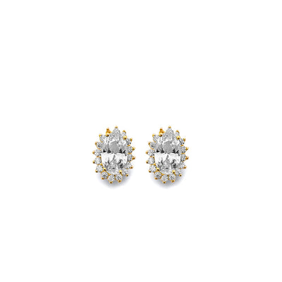 14K Yellow Gold CZ Oval April Birth Stone Earrings