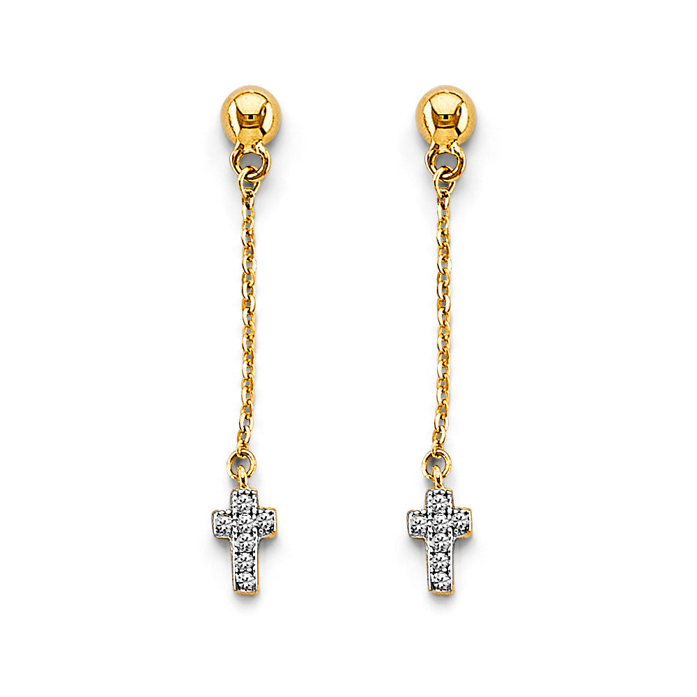 14K Two Tone Gold CZ Hanging Cross Earrings