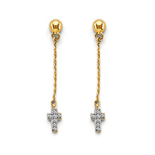 Load image into Gallery viewer, 14K Two Tone Gold CZ Hanging Cross Earrings