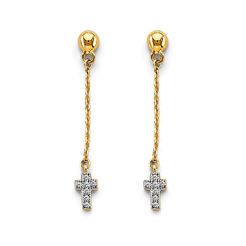 14K Two Tone Gold CZ Hanging Cross Earrings