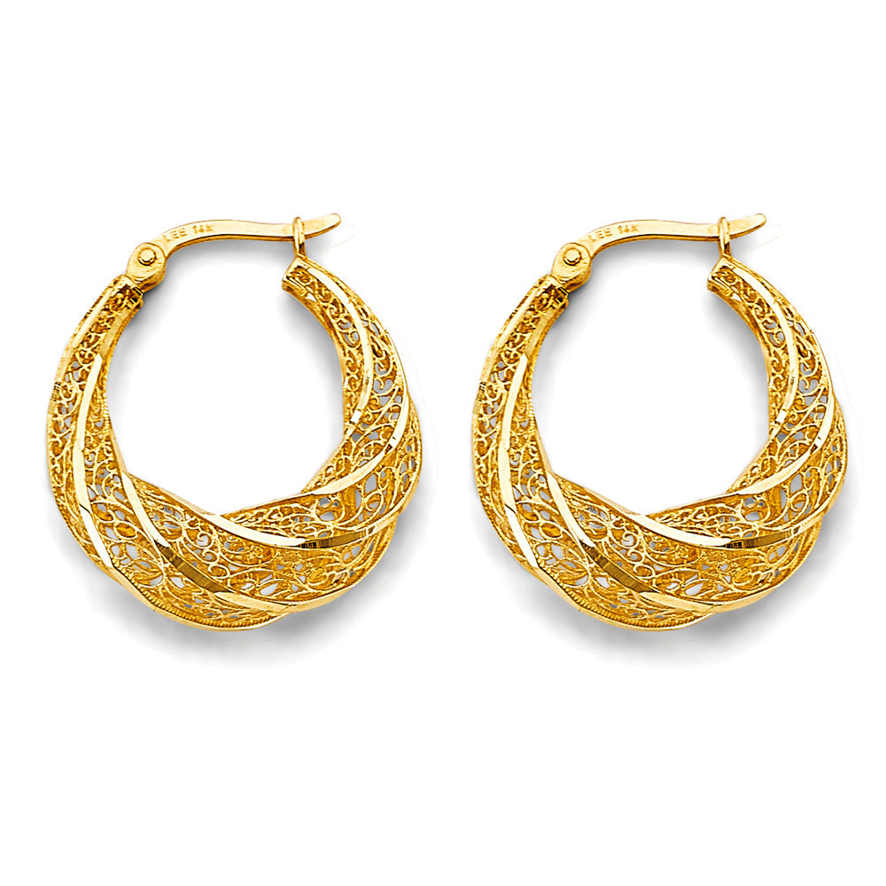 14K Yellow Gold Fancy Hollow Hoop Earrings