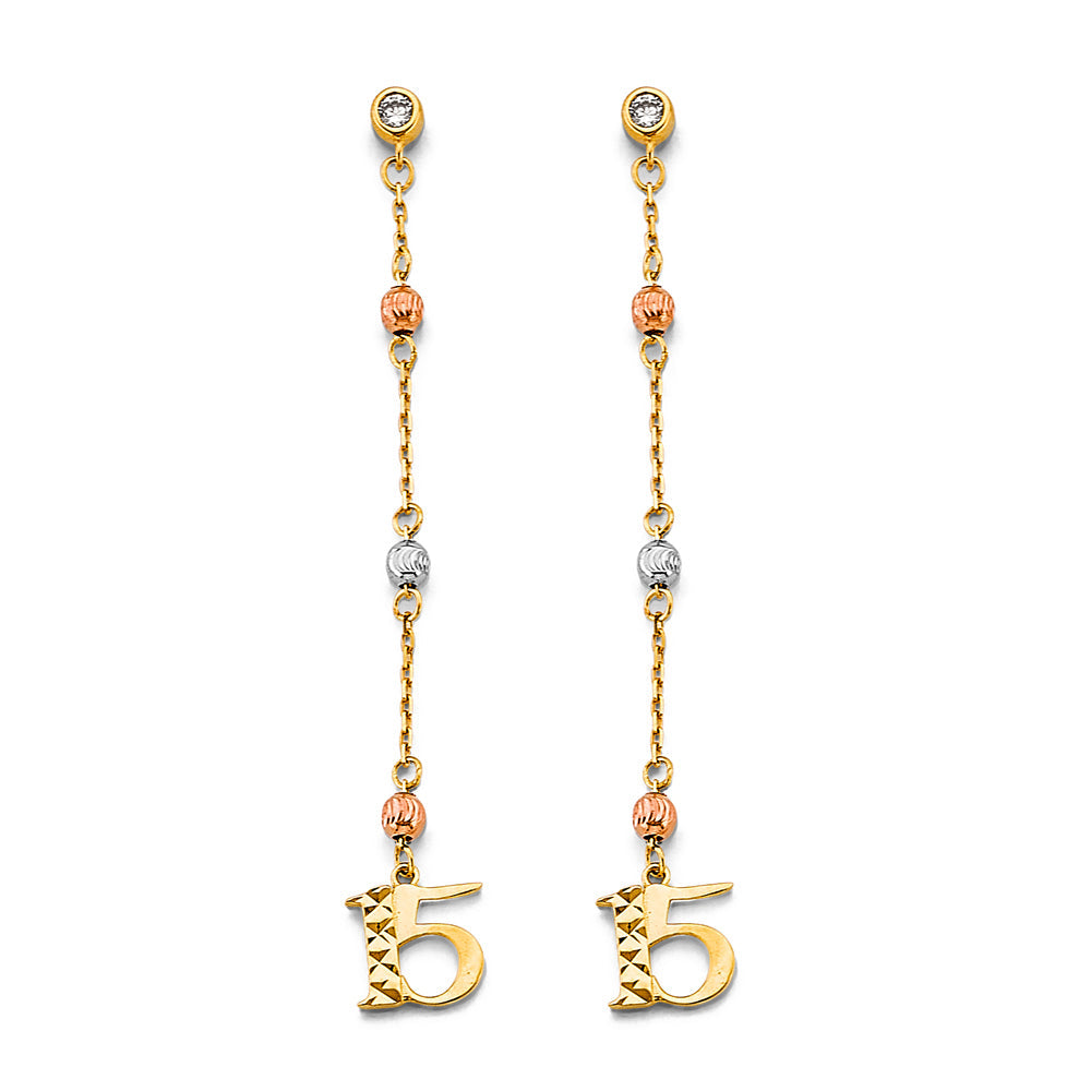 14K Tri Color Gold Hanging CZ Ball 15 Years Earrings