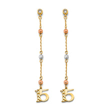 Load image into Gallery viewer, 14K Tri Color Gold Hanging CZ Ball 15 Years Earrings