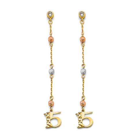 14K Tri Color Gold Hanging CZ Ball 15 Years Earrings