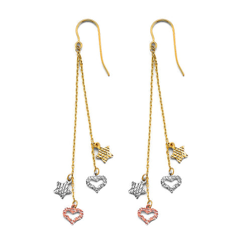 14K Tri Color Gold Hanging Heart And Star Earrings