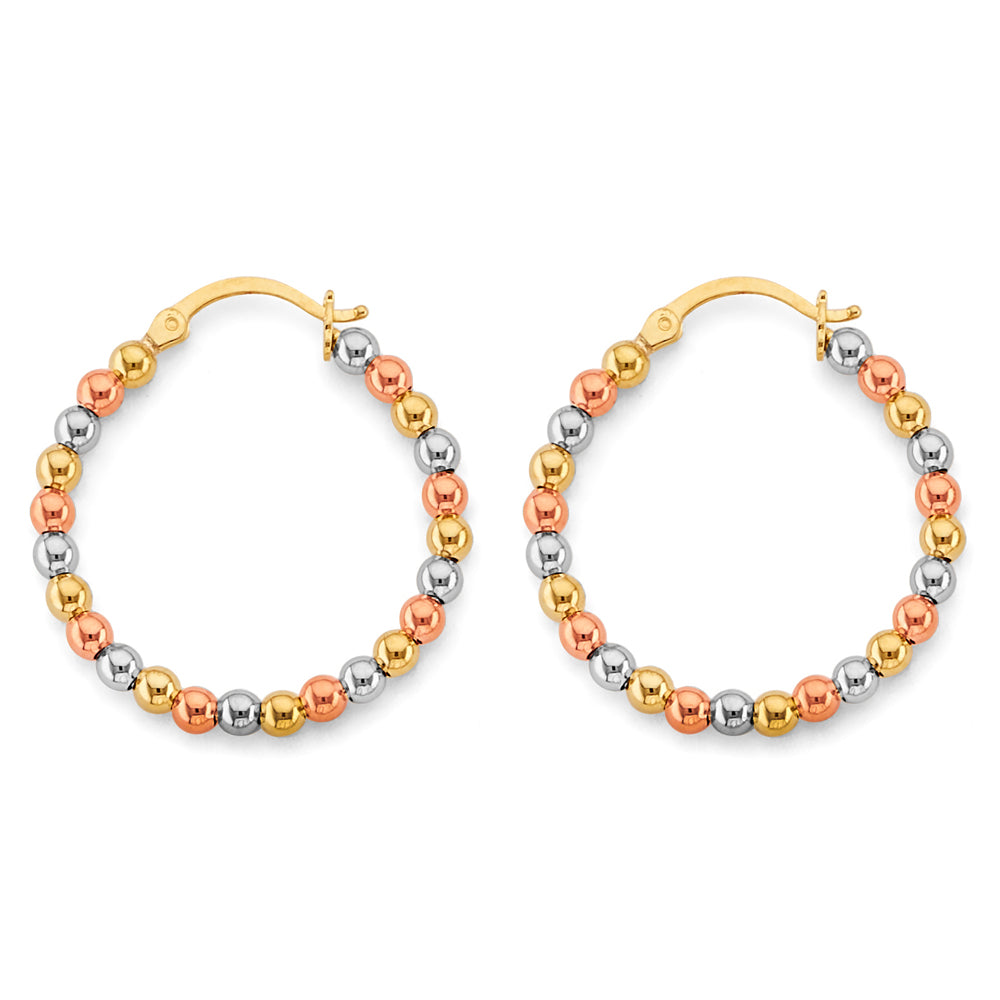 14K Tri Color Gold Polish Bead Hoop Earrings