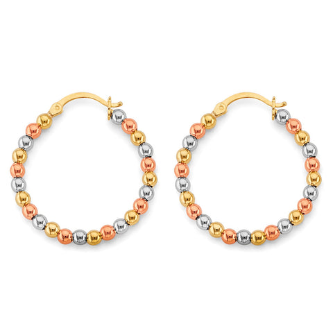 14K Tri Color Gold Polish Bead Hoop Earrings