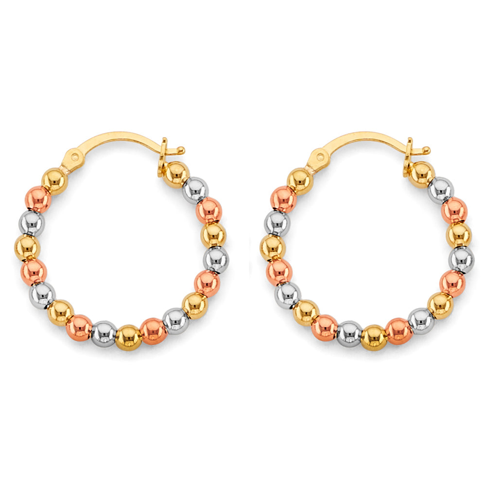 14K Tri Color Gold 25mm Polish Bead Hoop Earrings