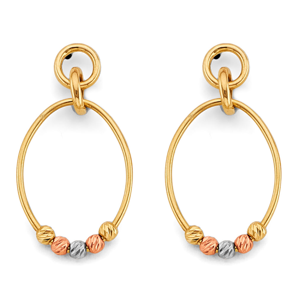 14K Tri Color Gold Hanging Oval Tube With Bead Earrings