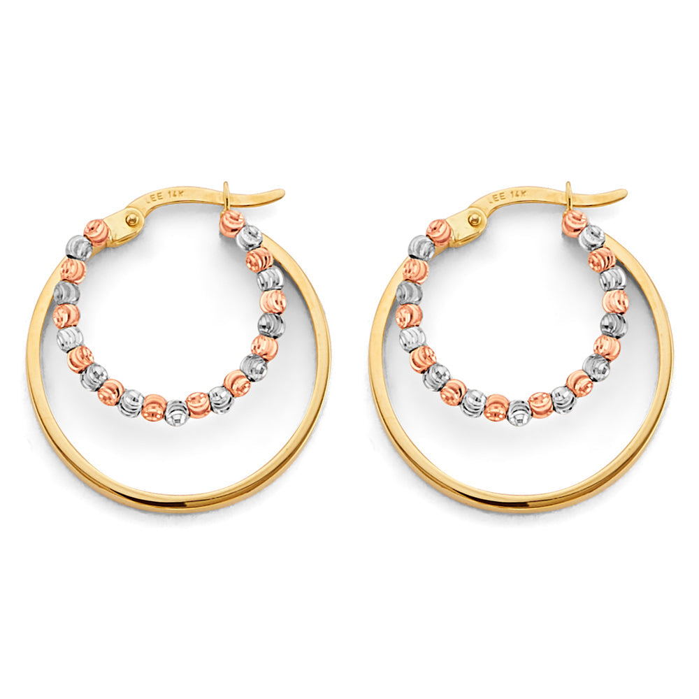 14K Tri Color Gold Double Hoop Bead Earrings