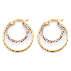 14K Tri Color Gold Double Hoop Bead Earrings