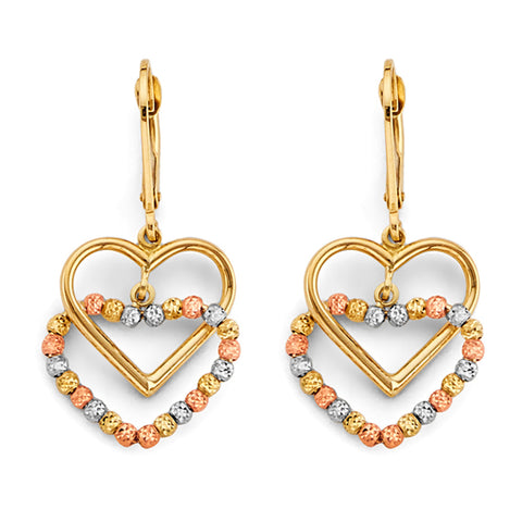 14K Tri Color Gold Hanging Double Heart Bead Earrings