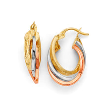 Load image into Gallery viewer, 14K Tri Color Gold 15mm 3 Line Twisted Hoop Earrings