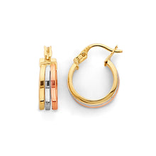 Load image into Gallery viewer, 14K Tri Color Gold 13mm 3 Line Hoop Earrings