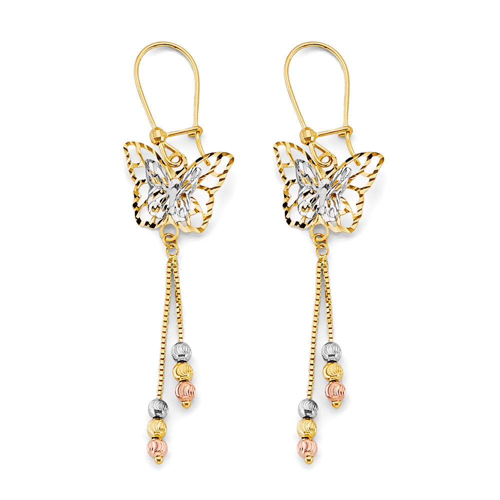 14K Tri Color Gold Hanging Butterfly Earrings