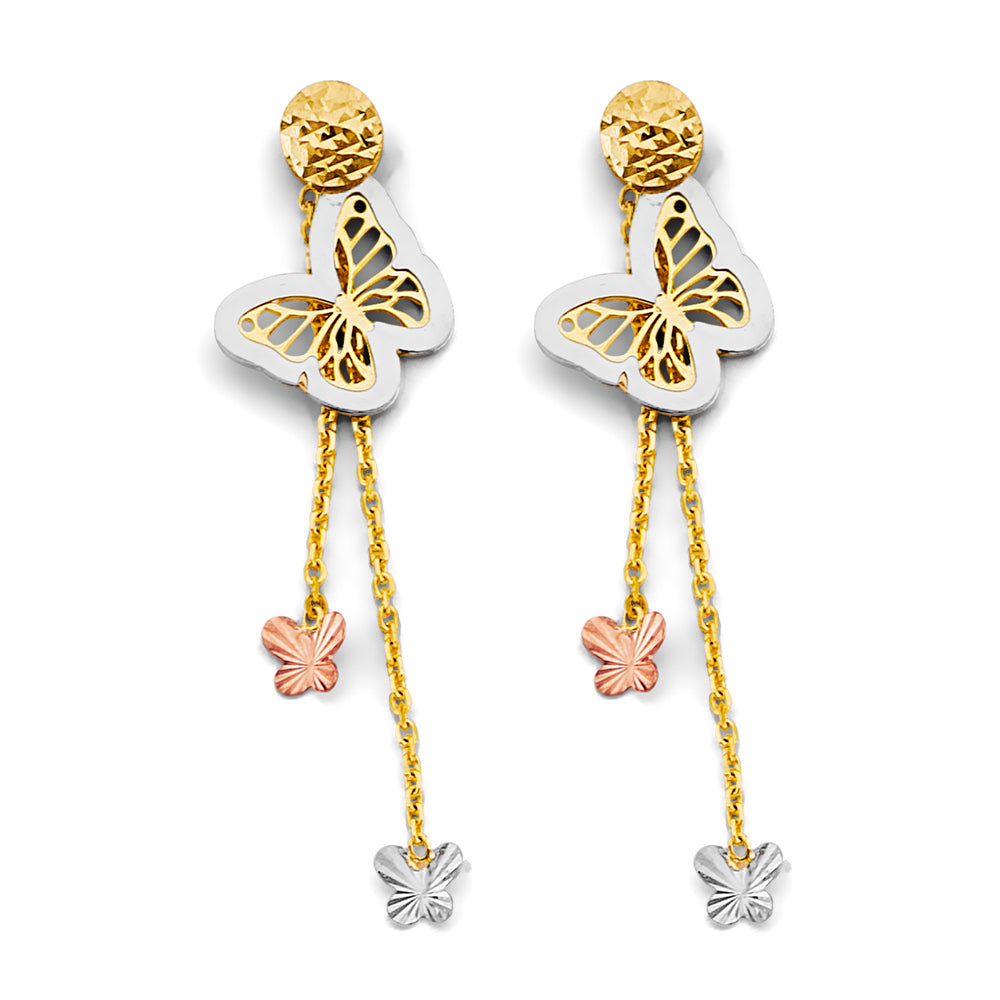 14K Tri Color Gold 13mm Hanging Butterfly Earrings