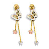 14K Tri Color Gold 13mm Hanging Butterfly Earrings