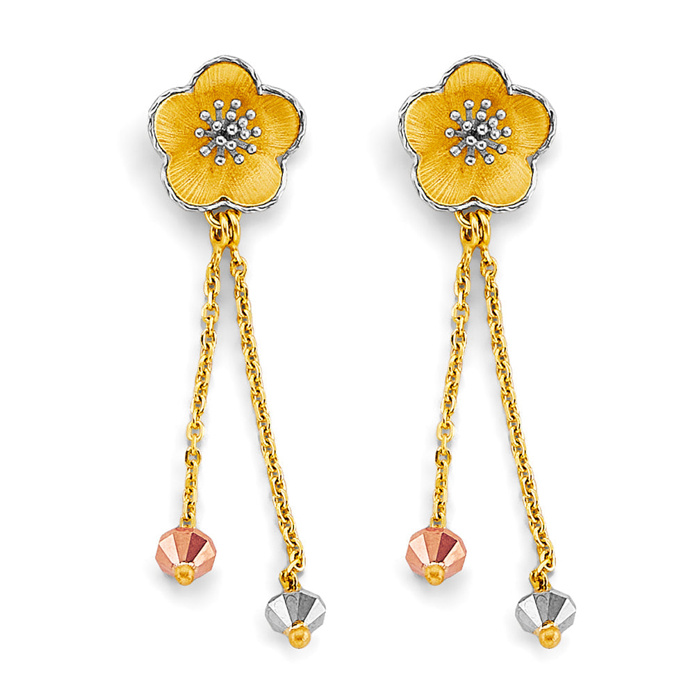 14K Tri Color Gold Flower Hanging Earrings