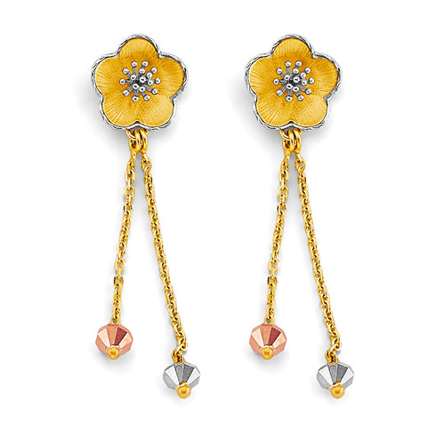 14K Tri Color Gold Flower Hanging Earrings