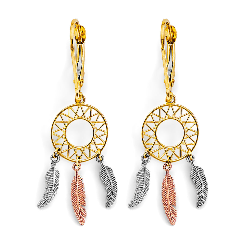 14K Tri Color Gold Dream Catcher Drop Earrings