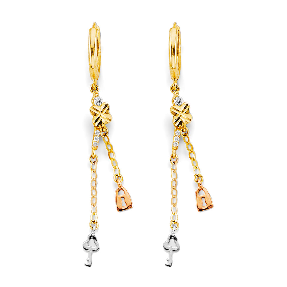 14K Tri Color Gold Hanging Lock And Key Earrings