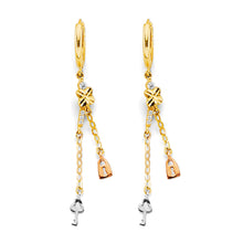 Load image into Gallery viewer, 14K Tri Color Gold Hanging Lock And Key Earrings