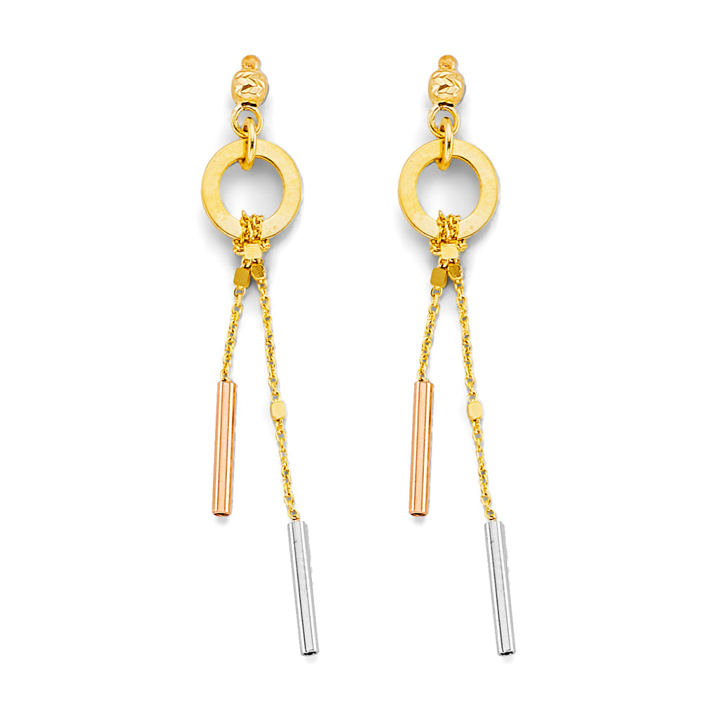 14K Tri Color Gold Hanging Bar Earrings