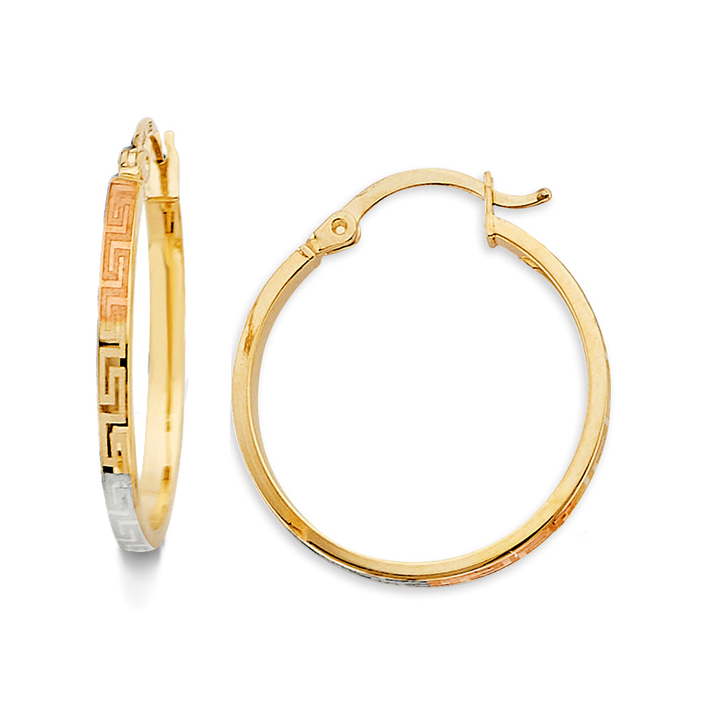 14K Tri Color Gold Greek Design Hoop Earrings