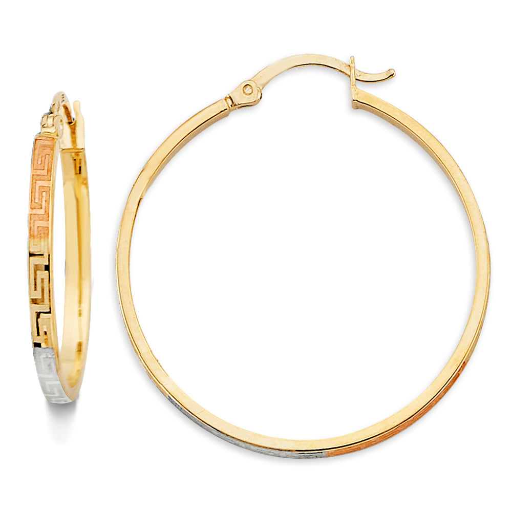 14K Tri Color Gold 30mm Greek Design Hoop Earrings