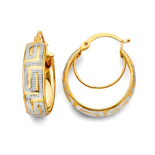 Load image into Gallery viewer, 14K Two Tone Gold Greek Design Hoop Earrings