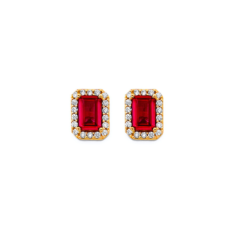 14K Yellow Gold Emerald Cut Red CZ Push Back Earrings