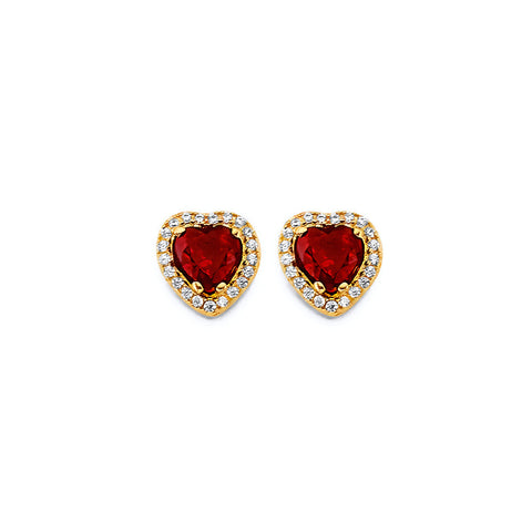 14K Yellow Gold Heart Shape Red CZ Push Back Earrings