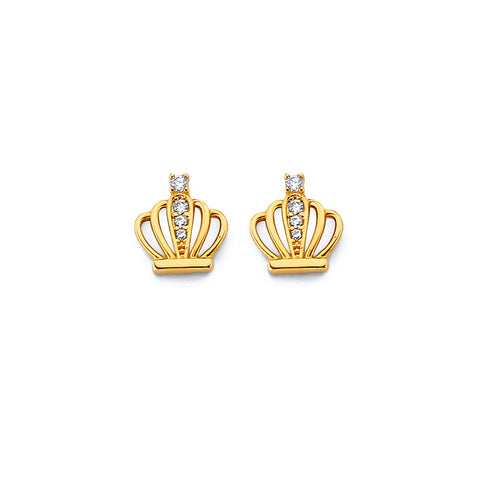 14K Yellow Gold Crown CZ Push Back Earrings