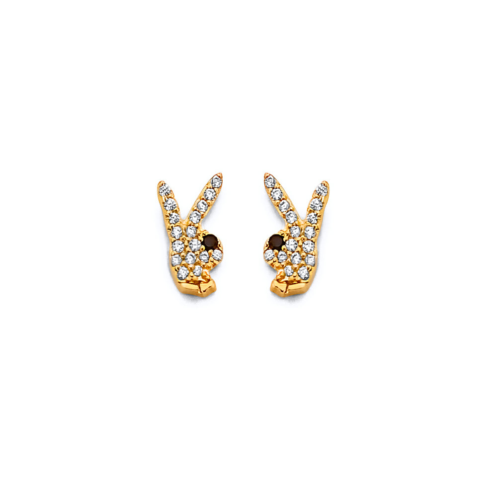 14K Yellow Gold CZ Rabbit Push Back Earrings