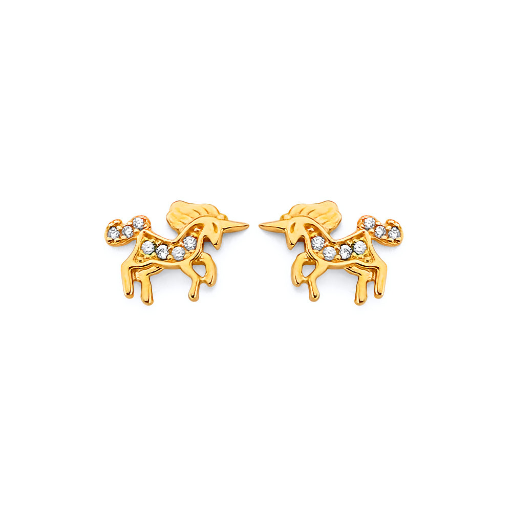 14K Yellow Gold CZ Unicorn Push Back Earrings